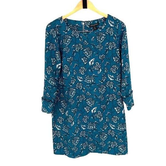 Banana Republic Womens Floral Buttoned Long Sleeve Mini Shift Dress Teal Green S - Picture 1 of 9